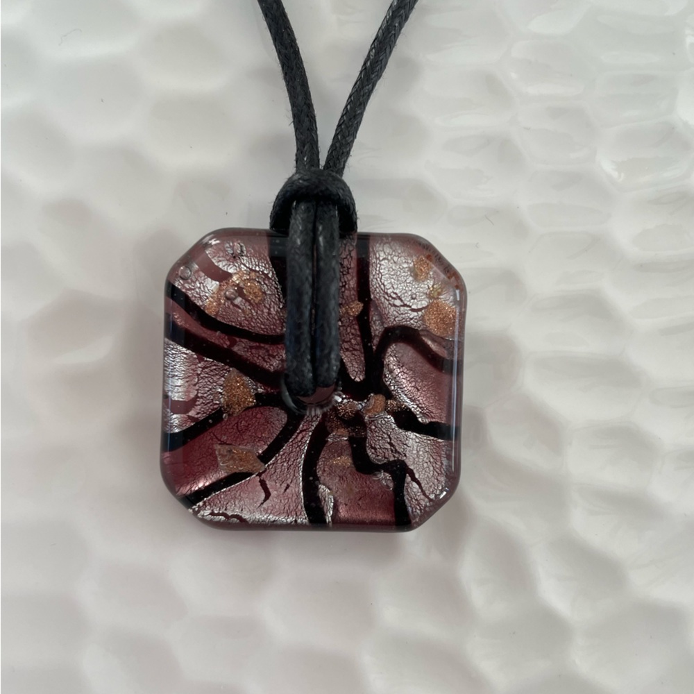 Handmade Pretty Purple Glass Square Foil Lined Pendant Necklace 18” Cord